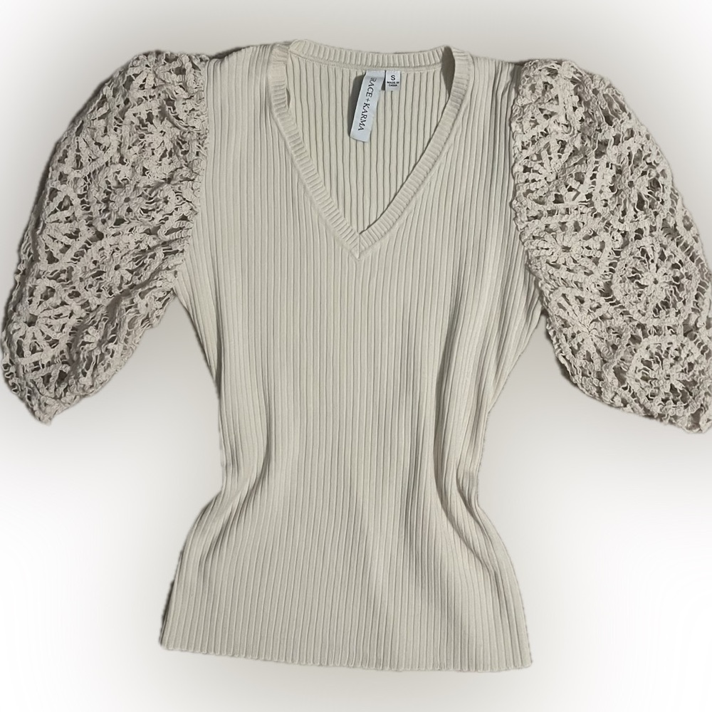 Cream Fitted Blouse with Eyelet Puff Sleeves